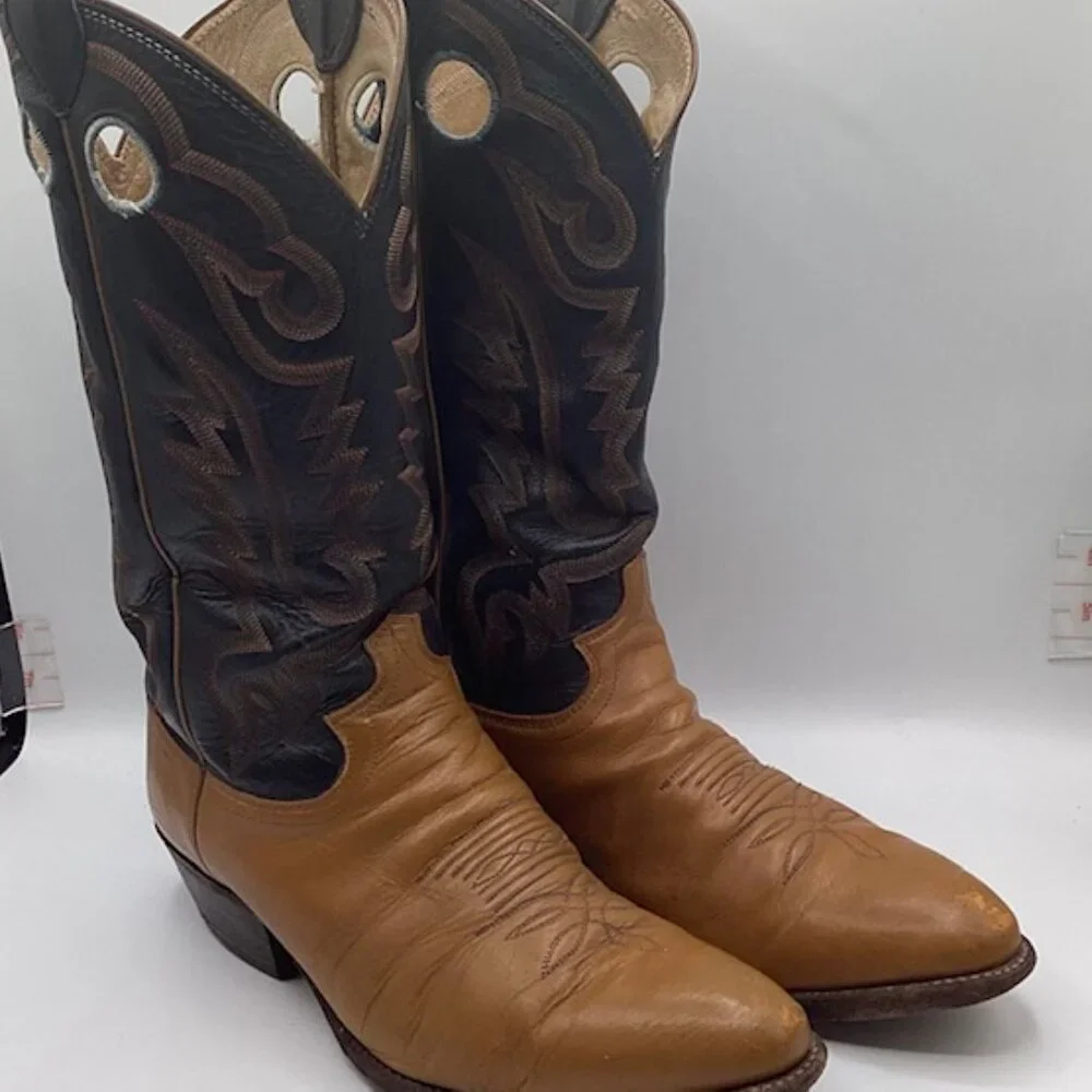 Justin‎ Leather Boots Mens 9.5D Style20794 USA Vintage 1970's-1980's Tan & Black